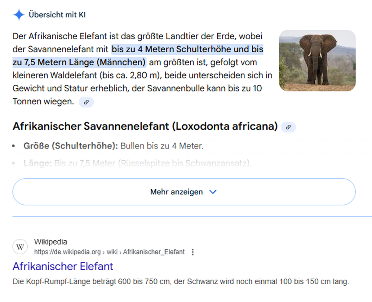 Erst KI, dann Wikipedia: Die Google-Ergebnisse auf die Frage «Wie gross wird ein Afrikanischer Elefant?».
