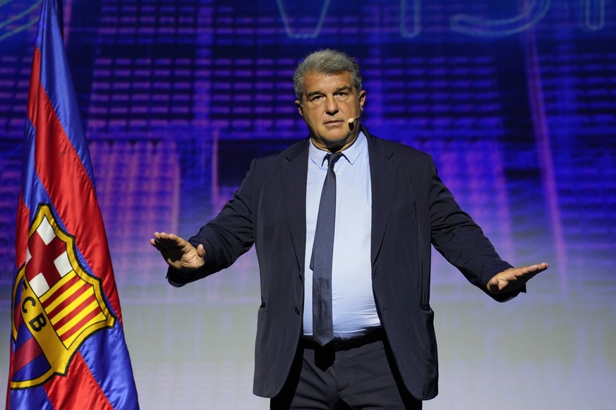 epa10704493 FC Barcelona president Joan Laporta gestures during a presentation of Barcelona's vision at the new temporary FC Barcelona museum in Barcelona, ​​Spain, June 21, 2023. It will…