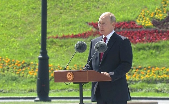 epa08480772 A handout picture made available by the Russian Presidential Press and Information Office shows Russian President Vladimir Putin speaking during a ceremony marking the Day of Russia at the ...