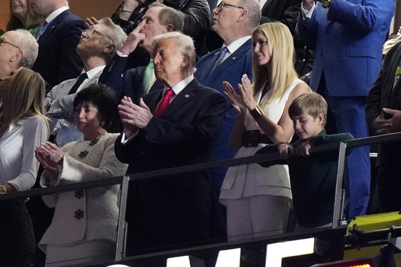 New Orleans Saints owner Gayle Benson, from left, President Donald Trump, his daughter Ivanka Trump and Ivanka Trump&#039;s son Theodore watch from a suite prior to the NFL Super Bowl 59 football game ...