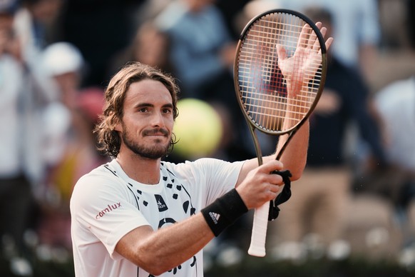 Greece&#039;s Stefanos Tsitsipas celebrates winning against Sweden&#039;s Mikael Ymer in three sets, 6-2, 6-2, 6-1, during their third round match at the French Open tennis tournament in Roland Garros ...