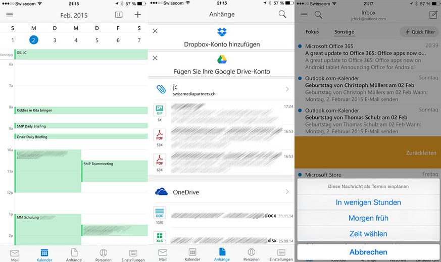 Links: Die Kalenderansicht in Outlook. Mitte: Dokumente von Dropbox, Google Drive und OneDrive können als Anhang verschickt werden. Rechts: Das spätere Antworten kann per Wisch geplant werden.