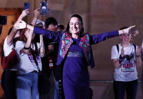epa11386739 Mexico&#039;s presidential candidate Claudia Sheinbaum reacts during a press conference after the general elections in Mexico City, Mexico, 03 June 2024. Sheinbaum, a climate scientist and ...