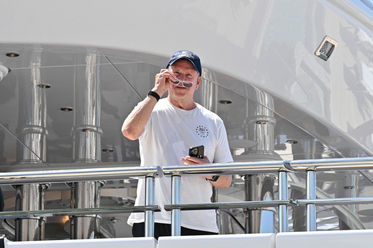 U.S. Ambassador to Italy Tilman Fertitta arrives in Venice, Italy, Friday, July 17, 2026, aboard his super yacht Boardwalk as part of his "Freedom 250 Coastal Diplomacy" tour.(AP Photo/Luigi ...