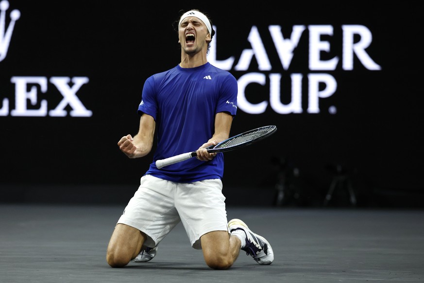 epa12397082 Team Europe's Alexander Zverev of Germany reacts after winning a point against Team World's Taylor Fritz of the USA during Day 3 of the Laver Cup tennis tournament in San Francis ...