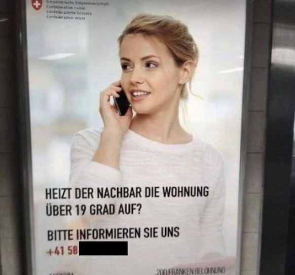 Dieses vermeintliche Plakat ist eine digitale Fälschung: Der Bund ruft nicht dazu auf, Nachbarn zu verpetzen, die sich nicht an seine Empfehlung halten, im Winter weniger stark zu heizen.