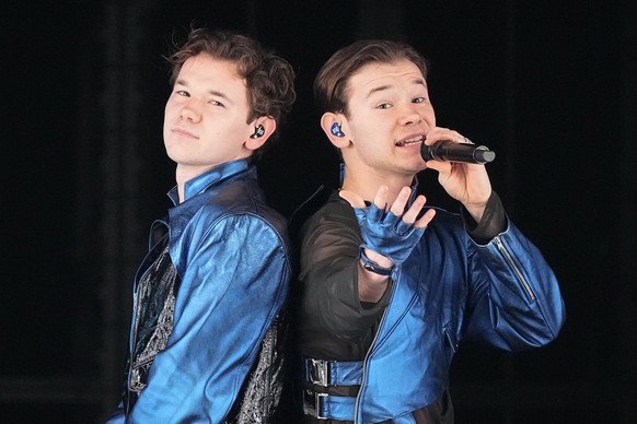 Marcus &amp; Martinus of Sweden perform the song Unforgettable during the dress rehearsal for the first semifinal at the Eurovision Song Contest in Malmo, Sweden, Monday, May 6, 2024. (AP Photo/Martin ...
