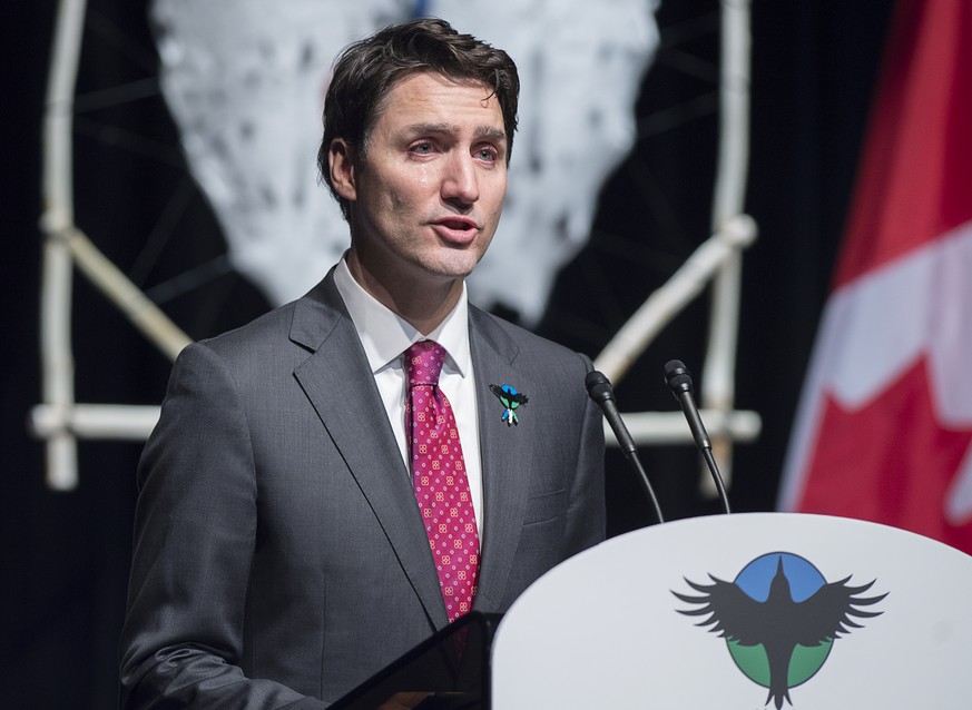 Canadian Prime Minister Justin Trudeau delivers an apology on behalf of the Government of Canada to former students of the Newfoundland and Labrador Residential Schools in Happy Valley-Goose Bay, Newf ...