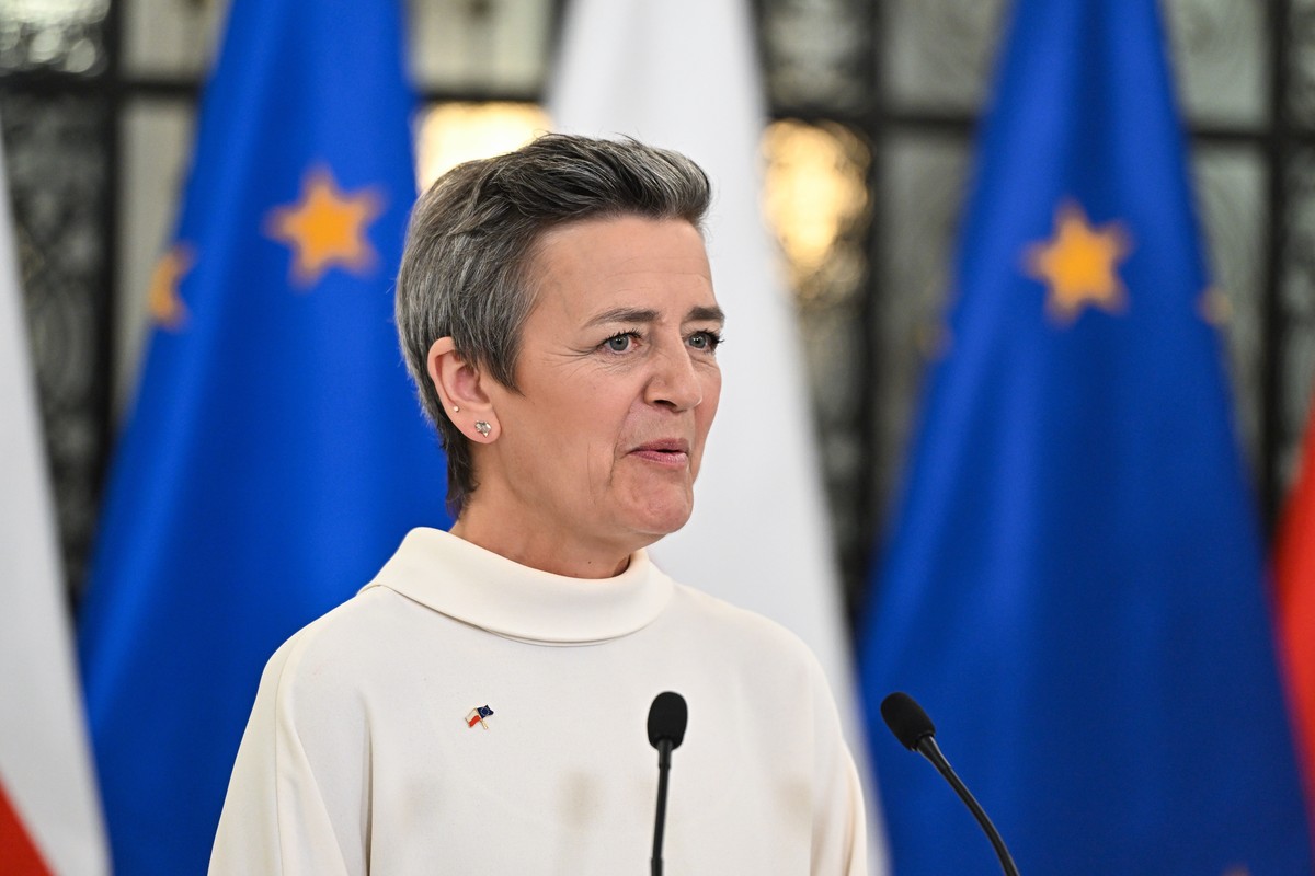 epa11358304 European Commission Executive Vice-President for A Europe Fit for the Digital Age, Margrethe Vestager speaks during a joint press conference with Polish Speaker of the Sejm, Szymon Holowni ...