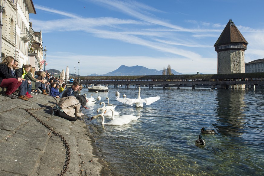 Einheimische und Touristen geniessen das sonnige Herbstwetter an der Reuss in Luzern am 2. November 2014. (KEYSTONE/Sigi Tischler)