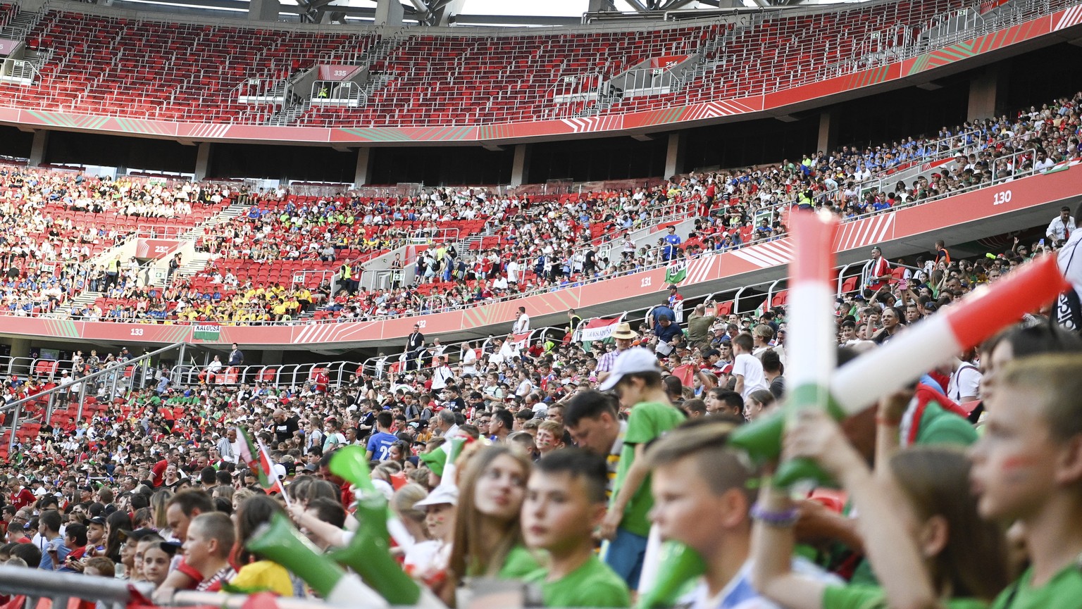 Fans in the tribune prior to the UEFA Nations League soccer match between Hungary and England at the Puskas Arena in Budapest, Hungary, Saturday, June 4, 2022. (Zsolt Szigetvary/MTI via AP)