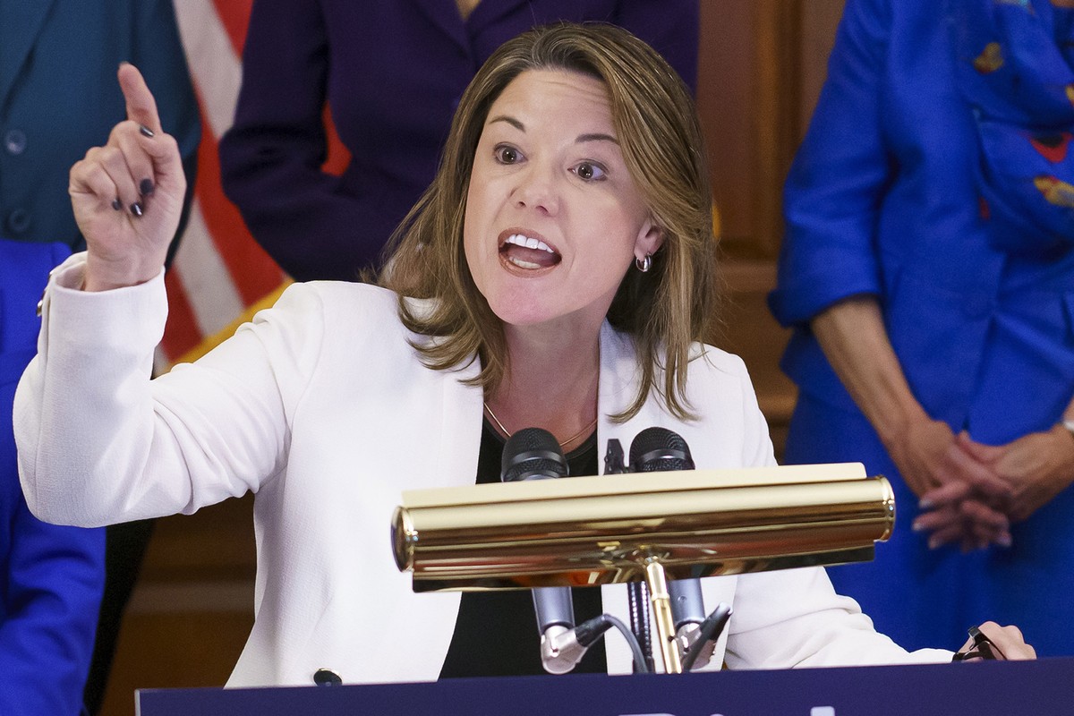 FILE - Rep. Angie Craig, D-Minn., speaks during an event at Capitol in Washington, July 20, 2022. Craig was assaulted in the elevator of her Washington apartment building in February 2023. Court recor ...