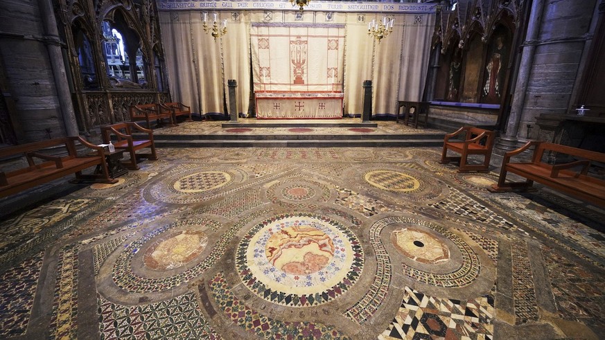The Cosmati pavement, located before the altar, during a photo call at Westminster Abbey, central London, to announce special events to celebrate the Coronation of King Charles III, Thursday March 23, ...