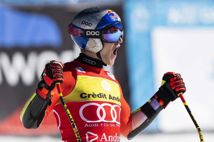 Marco Odermatt of Switzerland reacts in the finish area during the men&#039;s super-g race at the FIS Alpine Skiing World Cup finals in El Tarter, Andorra, Thursday, March 16, 2023. (KEYSTONE/Jean-Chr ...