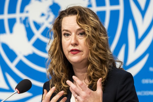 U.S. Amy Pope, Director General of the International Organization for Migration (IOM), briefs the media on Protecting Victims of Trafficking in Online Scam Operations, during a press briefing, at the  ...