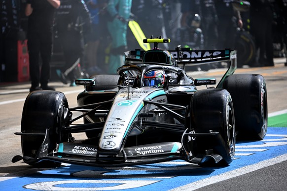 Mercedes driver Andrea Kimi Antonelli of Italy in the pit stop during the British F1 Grand Prix, in Silverstone, England, Sunday, July 5, 2026. (Peter Powell/Pool via AP)
Britain F1 GP Auto Racing