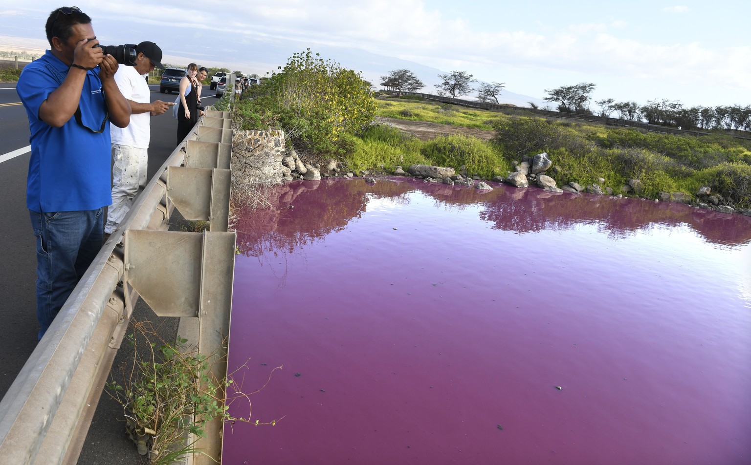 Severino Urubio of Hilo, Hawaii snaps photos of Kealia Pond&#039;s pink water at Kealia Pond National Wildlife Refuge in Kihei, Hawaii on Wednesday, Nov. 8, 2023. Officials in Hawaii are investigating ...