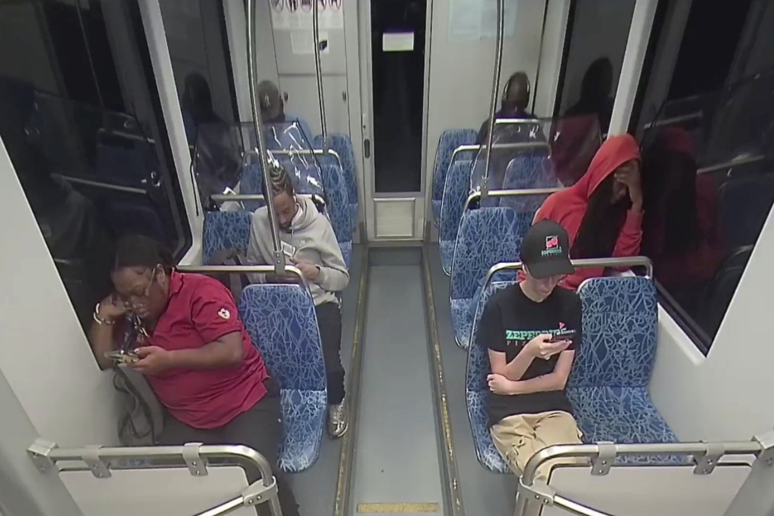 This screengrab made from video provided by the Charlotte Area Transit System shows Iryna Zarutska, bottom right, before she was fatally stabbed on a commuter train on Aug. 22, 2025. (Charlotte Area T ...