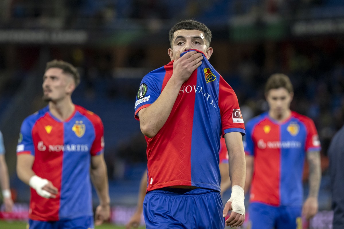 epa10512569 Basel's Zeki Amdouni reacts during the UEFA Conference League round of 16 first leg soccer match between Switzerland's FC Basel 1893 and Slovakia's SK Slovan Bratislava at t ...