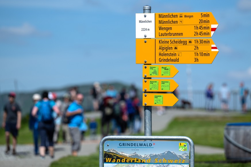 Sicht auf Wanderwegweiser, am Sonntag, 3. Juli 2022, auf dem Maennlichen oberhalb von Grindelwald. (KEYSTONE/Peter Schneider)