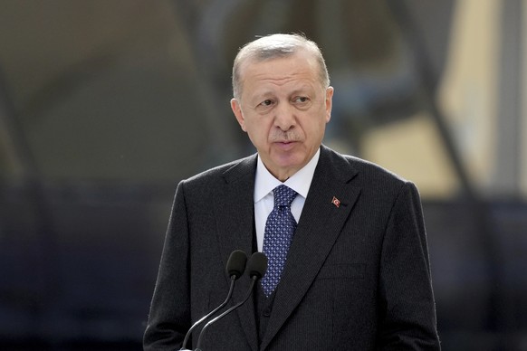 Turkish President Recep Tayyip Erdogan speaks during a visit to the Dubai Expo 2020 for a Turkish national day ceremony, in Dubai, United Arab Emirates, Tuesday, Feb. 15, 2022. Erdogan spent his secon ...