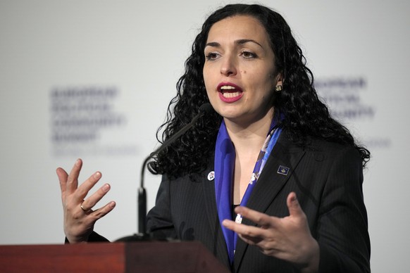 Kosovo&#039;s President Vjosa Osmani-Sadriu addresses a media conference during the European Political Community Summit at the Mimi Castle in Bulboaca, Moldova, Thursday, June 1, 2023. Leaders met in  ...