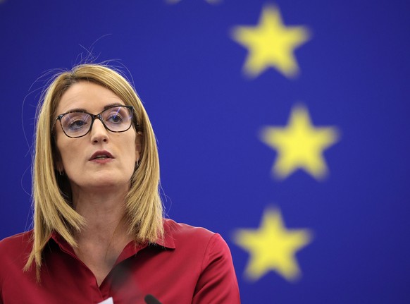 epa10690248 European Parliament President Roberta Metsola speaks during a session at the European Parliament in Strasbourg, France, 14 June 2023. The session runs from 12 to 15 June. EPA/JULIEN WARNAN ...