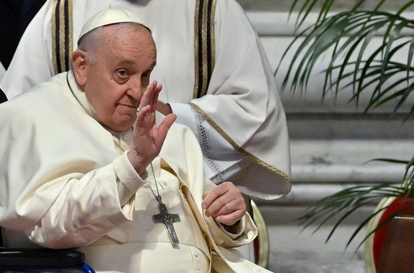 epa10561270 Pope Francis leaves after the Mass of the Chrism at the Saint Peter&#039;s Basilica in the Vatican City, 06 April 2023. During the mass the Pope blesses Chrism oil which is used for the re ...