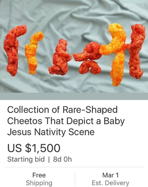 Sammlung von seltenen Cheetos in Form der Jesus-Geburtsszene.