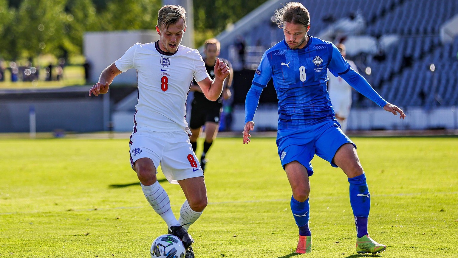 Iceland v England UEFA Nations League 05/09/2020. England midfielder James Ward-Prowse 8 holds off Iceland midfielder Birkir Bjarnason 8 during the UEFA Nations League match between Iceland and Englan ...