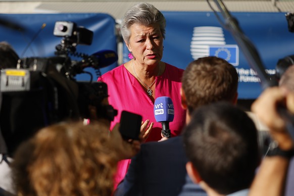 epaselect epa10679072 European Commissioner for Home Affairs Ylva Johansson speaks to the media prior to the European Home Affairs Ministers Council meeting in Luxembourg, 08 June 2023. EU Interior an ...