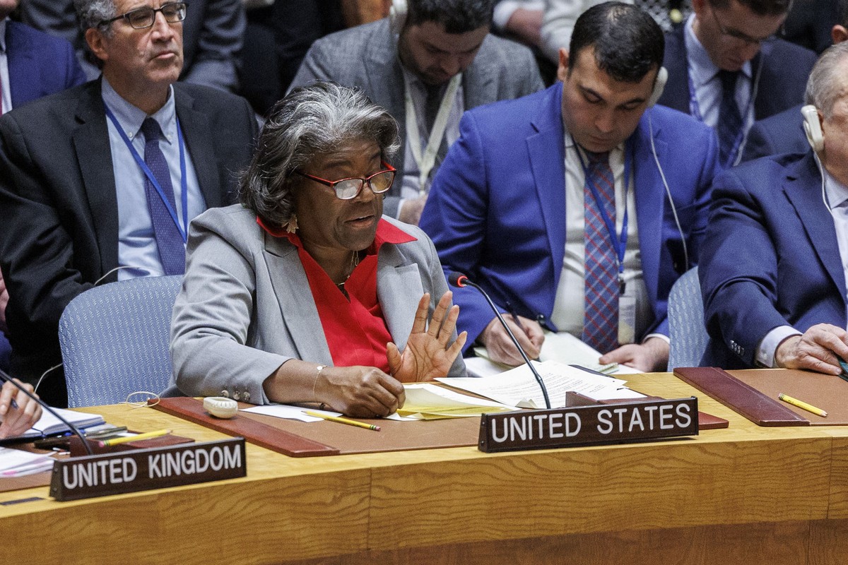 epa11242950 United States Ambassador Linda Thomas-Greenfield speaks after a resolution calling for an immediate ceasefire in Gaza was passed during a United Nations Security Council meeting at the Uni ...