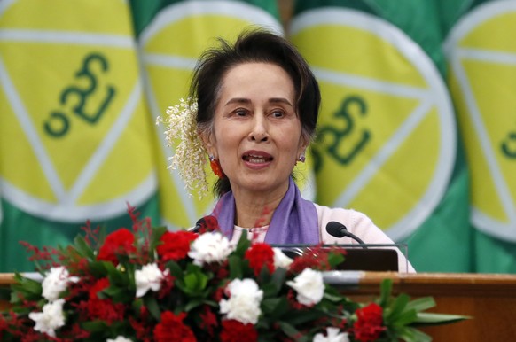 FILE - Myanmar&#039;s then leader Aung San Suu Kyi delivers a speech during a meeting on implementation of Myanmar Education Development in Naypyitaw, Myanmar, on Jan. 28, 2020. The political party le ...