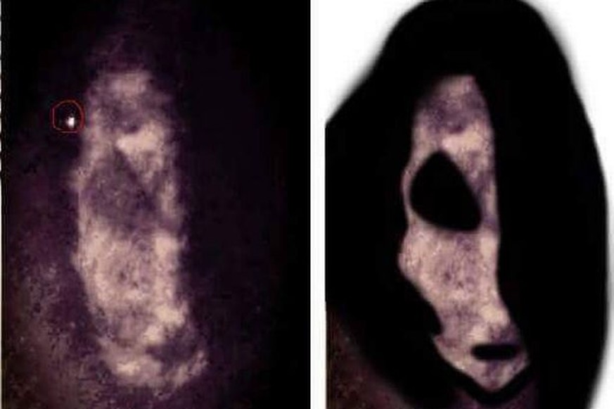 À gauche: Photo originale rapprochée de la vidéosurveillance de la maison hantée, on reconnaît un visage. La tête d'une chèvre? À droite: Version modifiée.