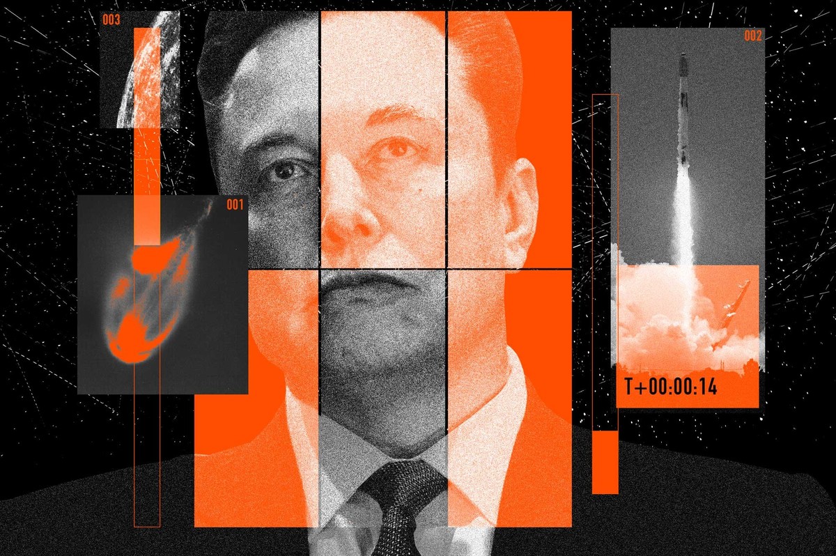 Auf dem Bild: Elon Musk vor einem Grid von Starlink und einer Rakete, die eine Satelliten ins All befördert.