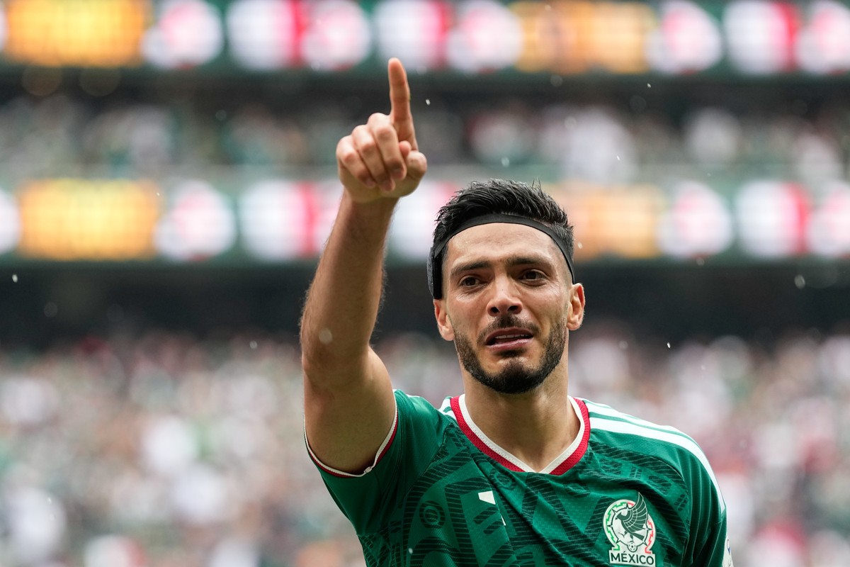 Mexico's Raul Jimenez celebrates after scoring his side's second goal during the World Cup Group A soccer match between Mexico and South Africa in Mexico City, Thursday, June 11, 2026. (AP P ...