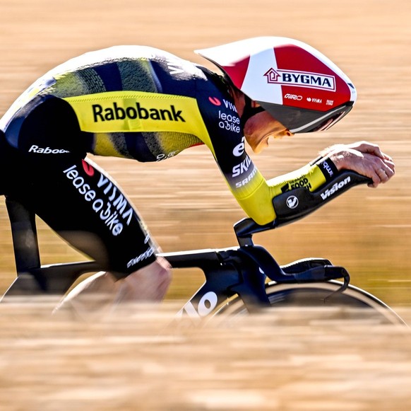 Danish Jonas Vingegaard Hansen of Team Visma-Lease a Bike pictured in action during stage five of the 2025 Tour de France cycling, a 33km time trial in Caen, France on Wednesday 09 July 2025. The 112t ...