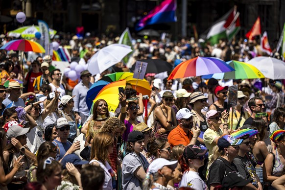 People take part in the Zurich Pride parade in Zurich, Switzerland, on Saturday, June 21, 2025. (KEYSTONE/Michael Buholzer)