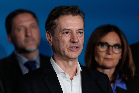 Prime Minister incumbent Robert Golob addresses the media after his 'Svoboda' movement won majority of votes in the election, in Ljubljana, Slovenia, Sunday, March 22, 2026. (AP Photo/Darko  ...