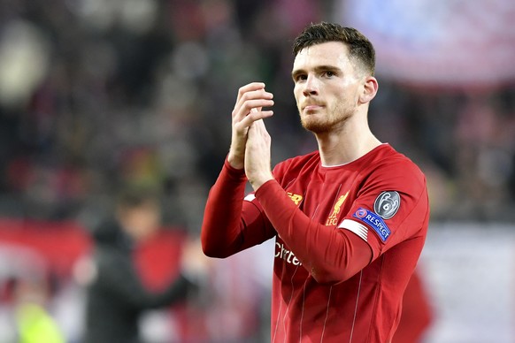 Liverpool&#039;s Andrew Robertson celebrates at the end of the group E Champions League soccer match between Salzburg and Liverpool, in Salzburg, Austria, Tuesday, Dec. 10, 2019. Liverpool won 2:0. (A ...