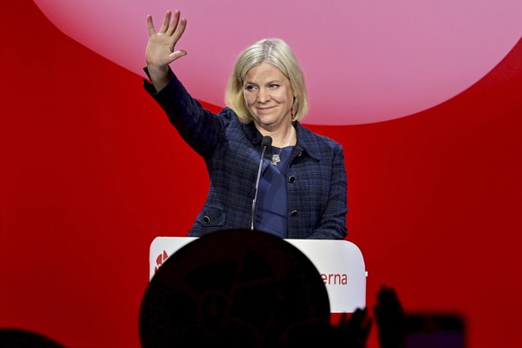 Sweden&#039;s Prime Minister and Social Democratic party leader Magdalena Andersson delivers a speech at the Social Democratic Party election watch at the Waterfront Conference Center in Stockholm, Sw ...