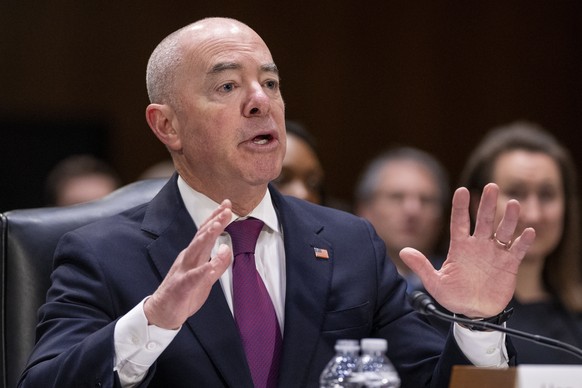 FILE - Secretary of Homeland Security Alejandro Mayorkas testifies during a Senate Judiciary Committee hearing on Capitol Hill, Nov. 8, 2023, in Washington.  Republicans in the House of Representatives march ahe...