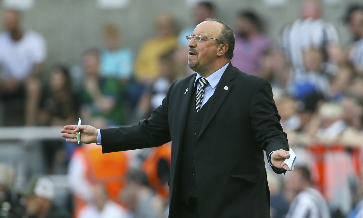 Newcastle United manager Rafael Benitez gestures on the touchline during the match against Southampton, during their English Premier League soccer match at St James' Park in Newcastle, England, S ...
