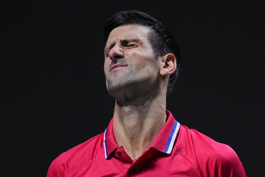 Serbia&#039;s Novak Djokovic reacts against Kazakhstan&#039;s Alexander Bublik during a Davis Cup quarter final match between Serbia and Kazakhstan at the Madrid Arena stadium in Madrid, Spain, Wednes ...