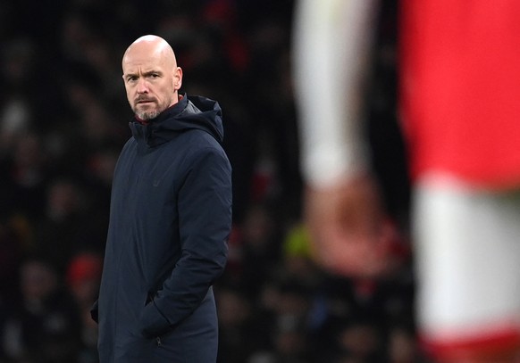epa10423444 Manchester United&#039;s manager Erik ten Hag reacts during the English Premier League soccer match between Arsenal London and Manchester United in London, Britain, 22 January 2023. EPA/An ...