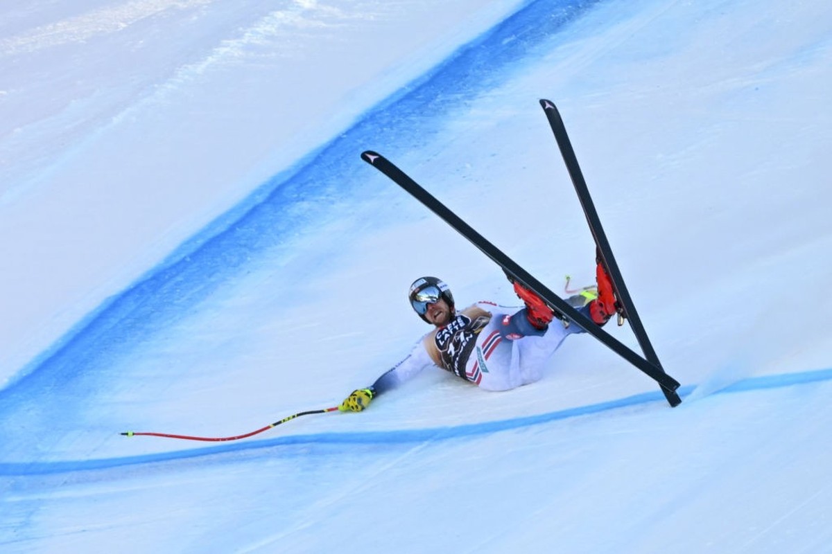 WENGEN, SWITZERLAND - JANUARY 13: Aleksander Aamodt Kilde of Team Norway crashes out during the Audi FIS Alpine Ski World Cup Men's Downhill on January 13, 2024 in Wengen, Switzerland. (Photo by  ...