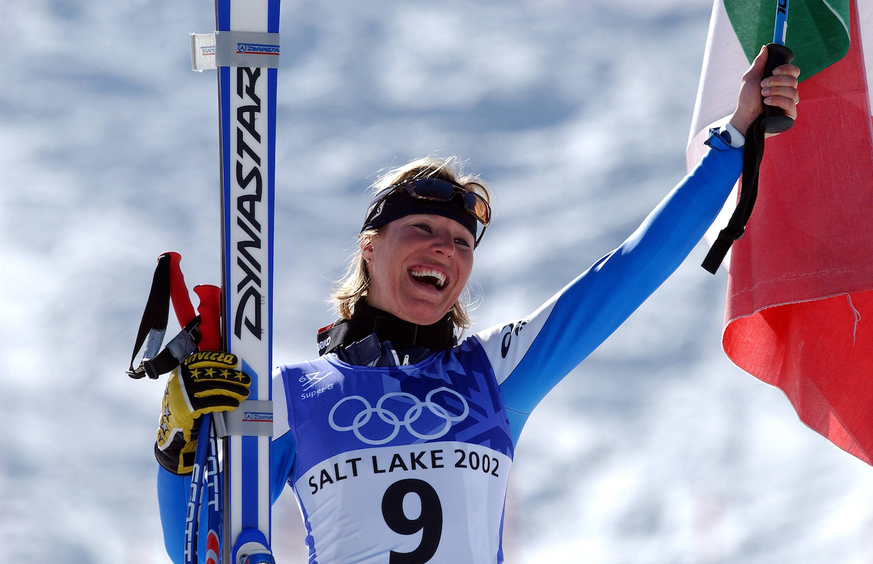 Olympiasiegerin Daniela Ceccarelli (Italien) freut sich Alpiner Skilauf OS Winter Damen Olympische Winterspiele 2002, Olympia, Olympiade, Spiele, Ski Alpin, Skisport, Super G Einzelbild Snowbasin Salt ...