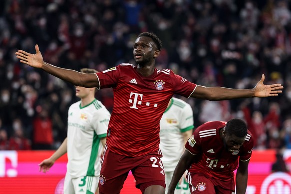 epa09836469 Munich's Tanguy Nianzou celebrates after scoring the 2-0 lead during the German Bundesliga soccer match between FC Bayern Munich and FC Union Berlin in Munich, Germany, 19 March 2022.  EPA/FILIP SINGER CONDITIONS - ATTENTION: The DFL regulations prohibit any use of photographs as image sequences and/or quasi-video.