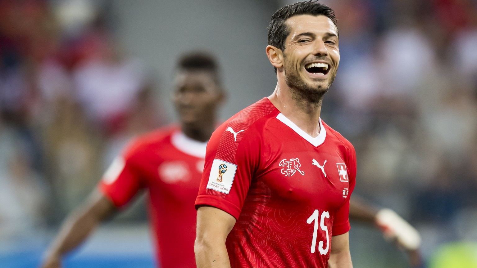 Switzerland&#039;s midfielder Blerim Dzemaili, reacts during the FIFA World Cup 2018 group E preliminary round soccer match between Switzerland and Costa Rica at the Nizhny Novgorod Stadium, in Nizhny ...