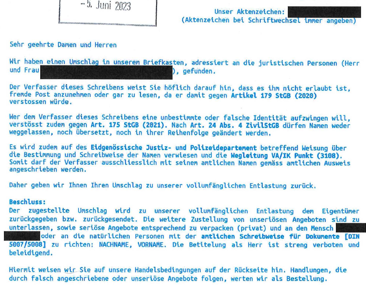 Reichsbürger / Staatsverweigerer Schreiben an die kantonalen Steuerbehörden
